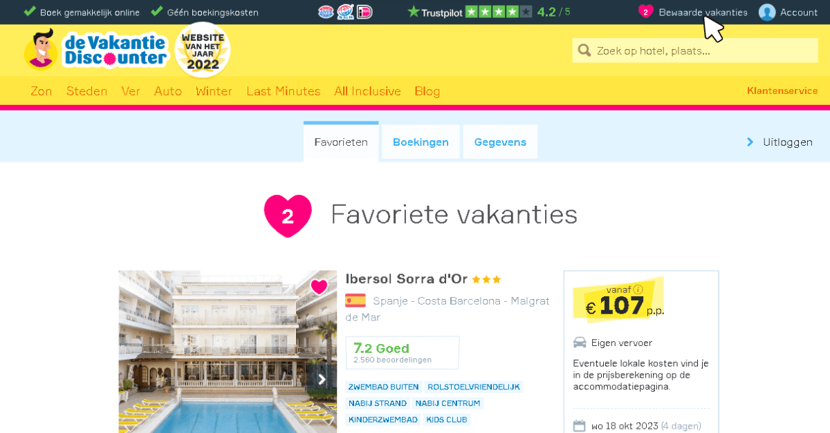 Vakantiediscounter accountpagina