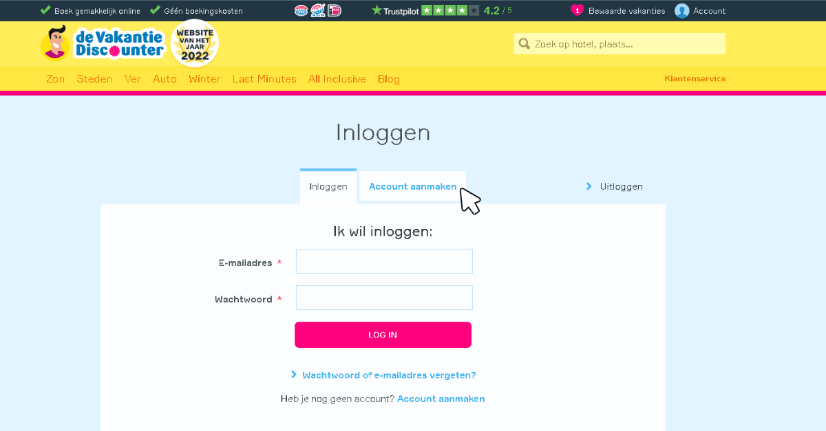 Inloggen bij de Vakantiediscounter