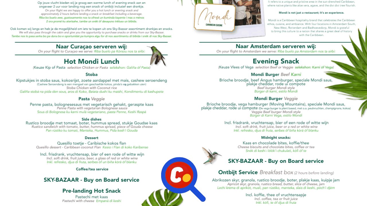 Corendon Curacao Menu